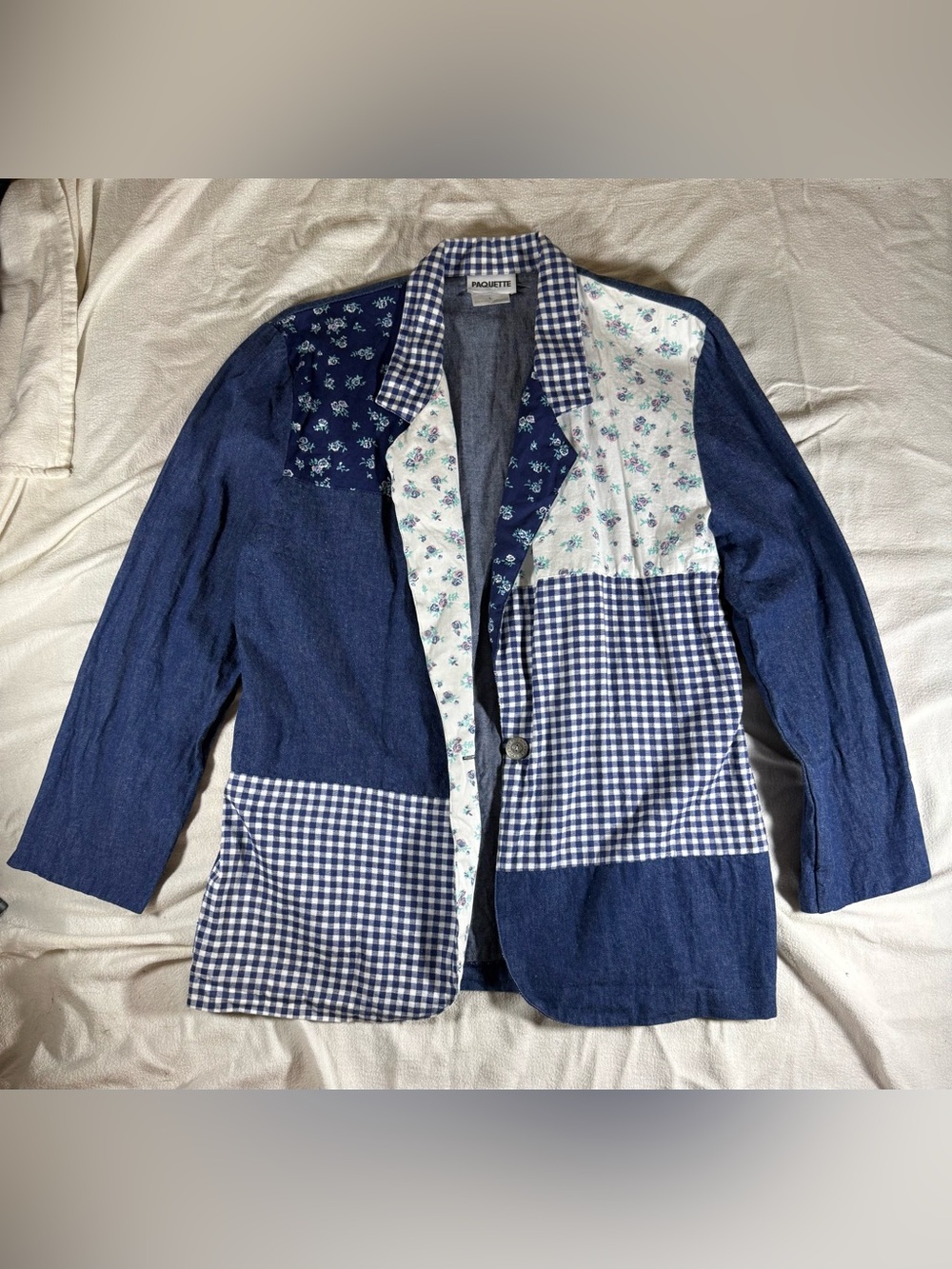 Vintage Paquette Patchwork Navy Floral, Denim & Gingham Blazer